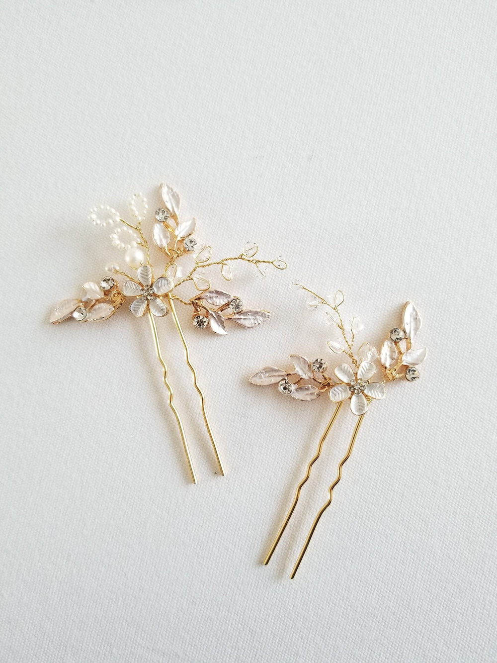 Wedding Hair Pins, Bridal Pearl Hair Pins, Crystal Pearl Hair Pins For Bride, Floral Bridal Hair Pin Set - freshwater pearls, metal hair pins, Swarovski crystals, rhinestones, metal leaves, metal flower, wire