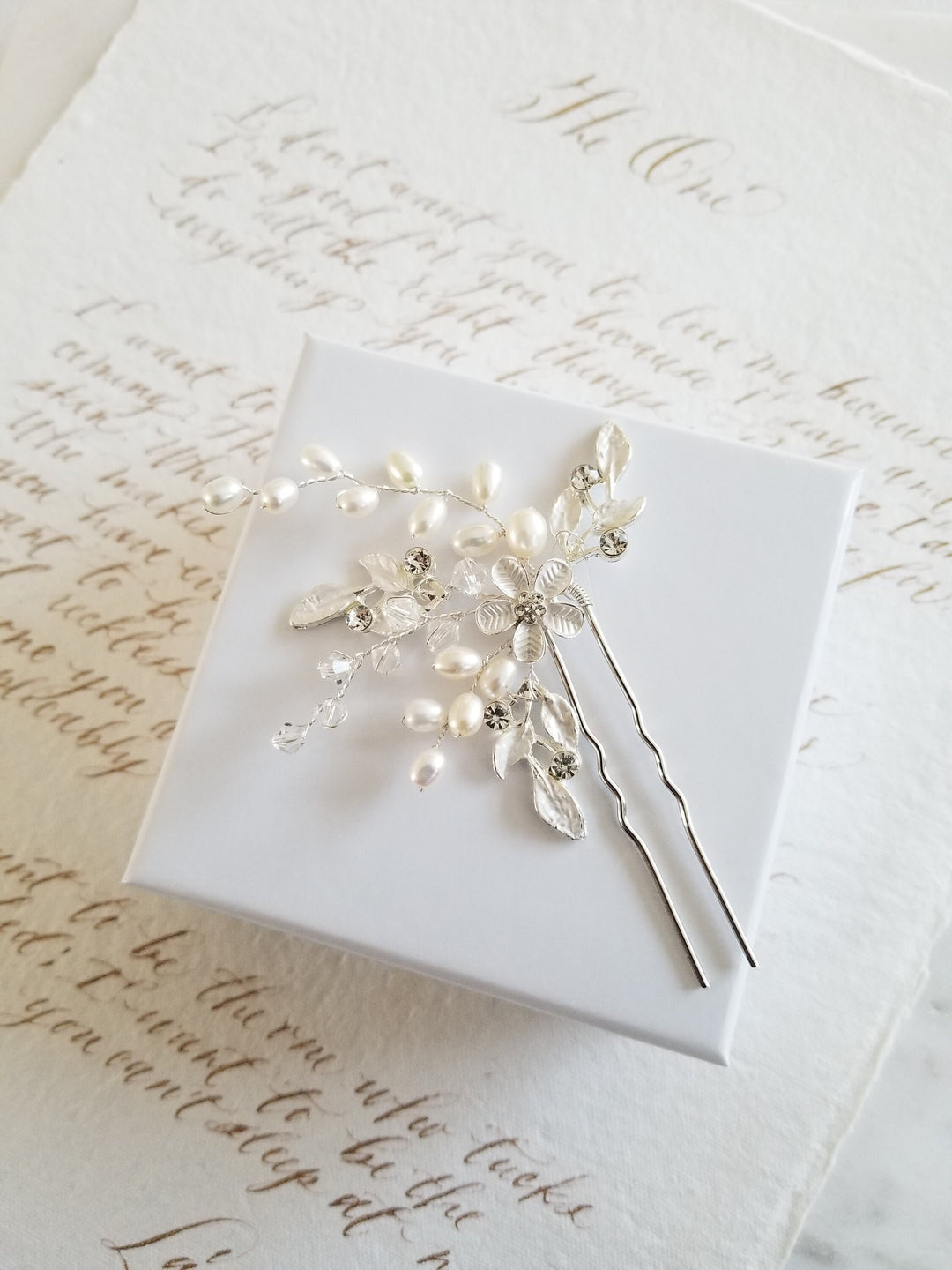 Gold Crystal Pearl Wedding Hair Pins, Silver Wedding Hair Pins Crystal & Pearl, Floral Bridal hair Pins - freshwater pearls, metal hair pins, rhinestones, metal leaves, metal flower, wire, crystals