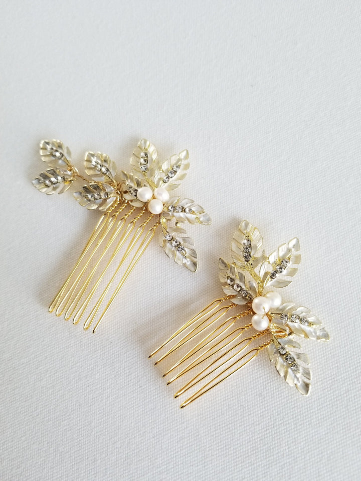 Wedding Hair Comb Set, Gold Leaf Pearl Bridal Combs, Gold Leaf Wedding Headpiece - wire, rhinestones, metal components, metal comb, freshwater pearls