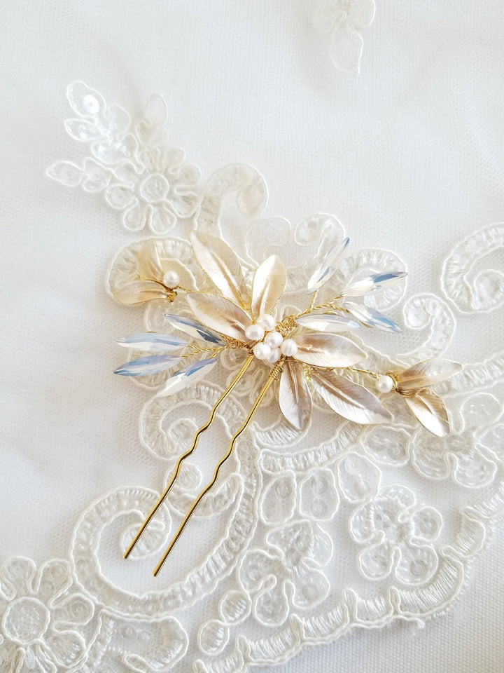 Gold Leaf Wedding Hair Pin, Silver Pearl Bridal Hair Pin, Wedding Hair Accessory - wire, rhinestones, metal leaves, metal hair pin