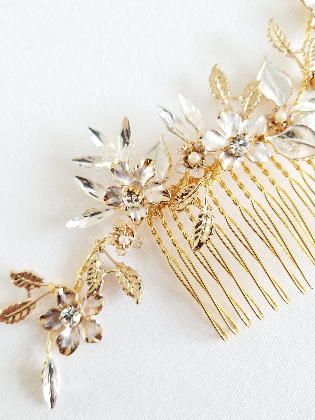 Floral Wedding Hair Comb, Crystal Gold Wedding Hairpiece, Gold Leaf Bridal Comb, Silver Bridal Headpiece - crystal rhinestones, metal comb, silver metal base, wire, metal leaves, metal flowers