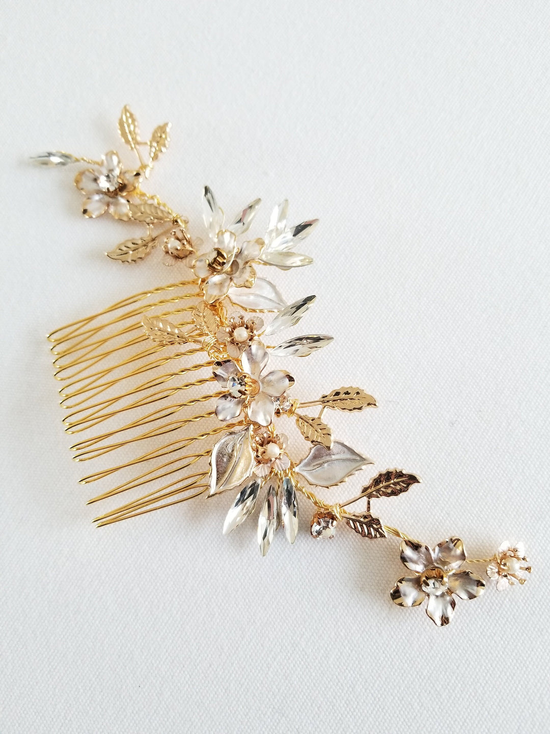 Floral Wedding Hair Comb, Crystal Gold Wedding Hairpiece, Gold Leaf Bridal Comb, Silver Bridal Headpiece - crystal rhinestones, metal comb, silver metal base, wire, metal leaves, metal flowers