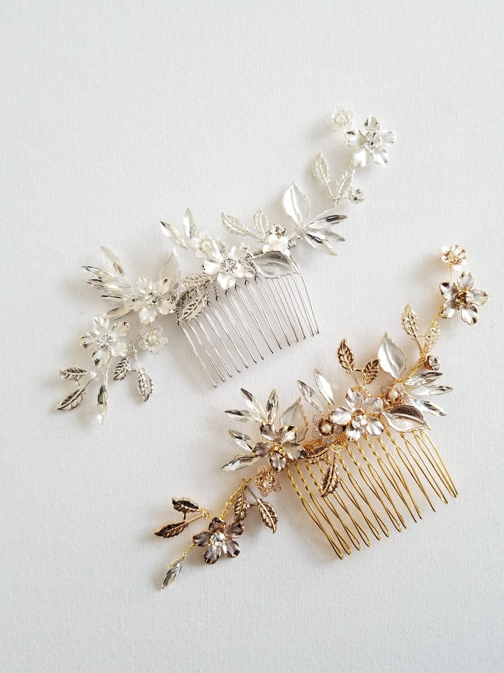 Floral Wedding Hair Comb, Crystal Gold Wedding Hairpiece, Gold Leaf Bridal Comb, Silver Bridal Headpiece - crystal rhinestones, metal comb, silver metal base, wire, metal leaves, metal flowers