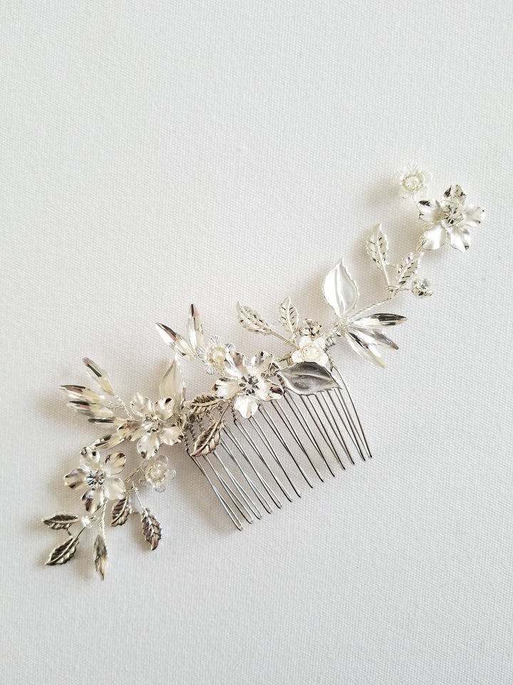 Floral Wedding Hair Comb, Crystal Gold Wedding Hairpiece, Gold Leaf Bridal Comb, Silver Bridal Headpiece - crystal rhinestones, metal comb, silver metal base, wire, metal leaves, metal flowers