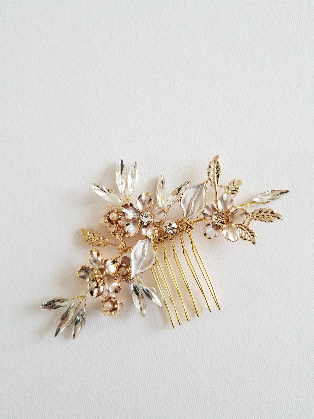 Silver Leaf & Twig Wedding Hair Comb, Crystal Gold Wedding Hairpiece, Gold Leaf Bridal Comb, Gold Bridal Headpiece - crystal rhinestones, metal comb, silver metal base, wire, metal leaves, metal flowers