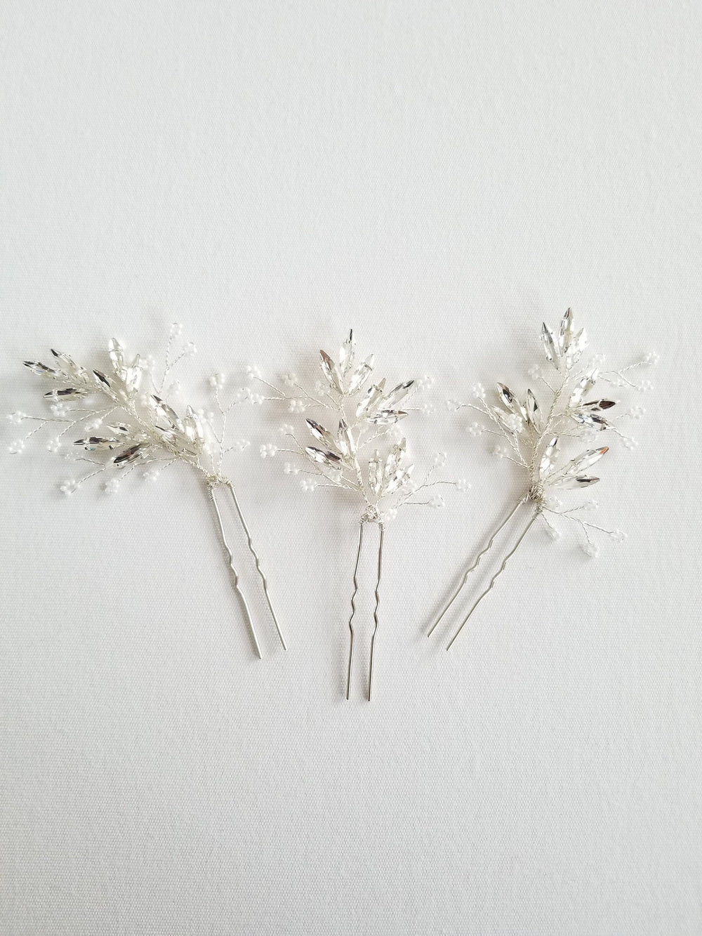 Crystal Bridal Hair Pins, Floral Hair Pins for Bride, Silver Wedding Hair Pins, Crystal Beaded Bridal Hair Pins - wire, silver hair pins, seed beads, Crystal Rhinestones