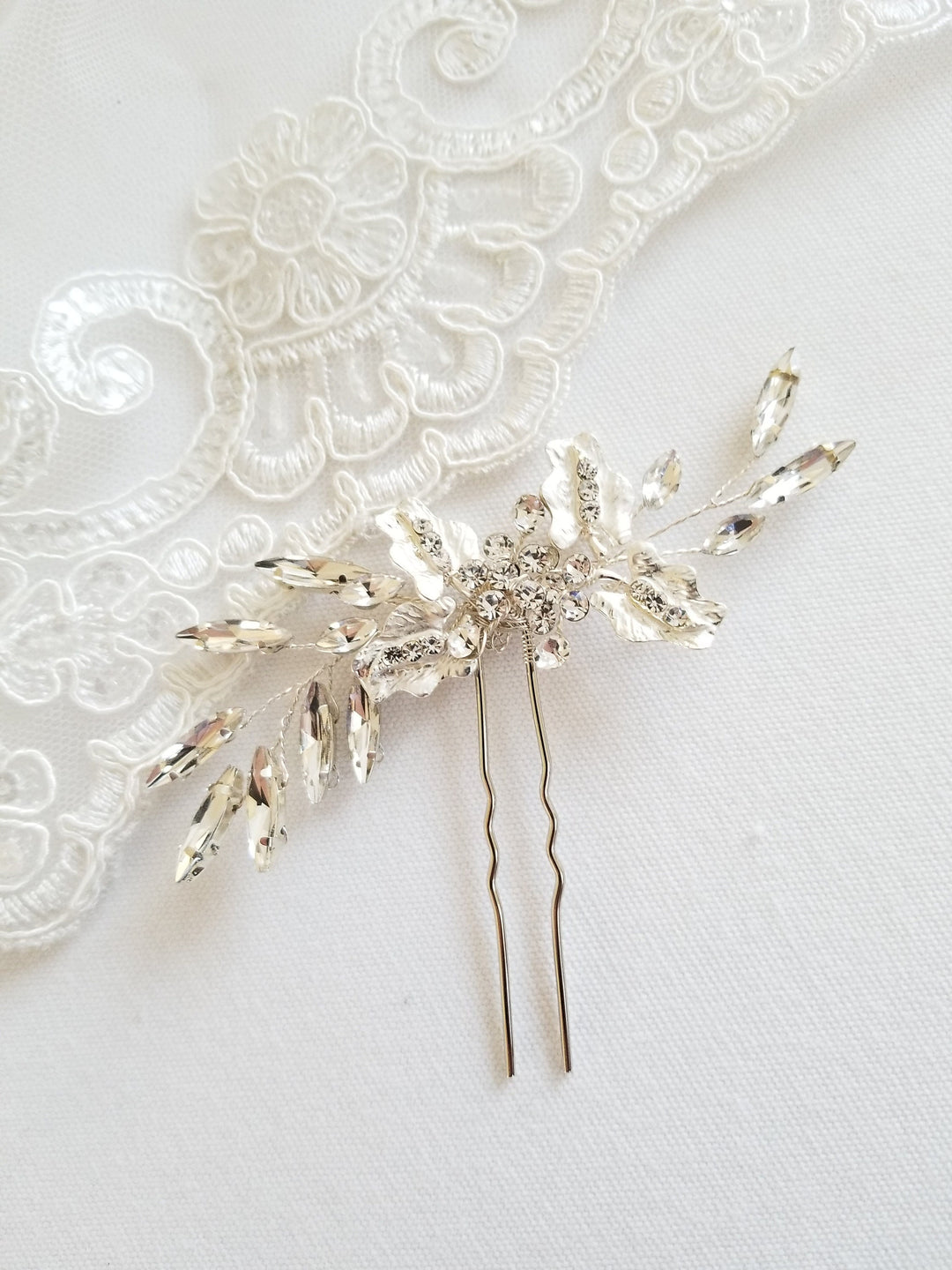 Silver Wedding Hair Pin, Floral Gold Bridal Hair Pin, Crystal Leaf Wedding Hair Pin - metal hairpin, wire, crystal rhinestones, metal leaves