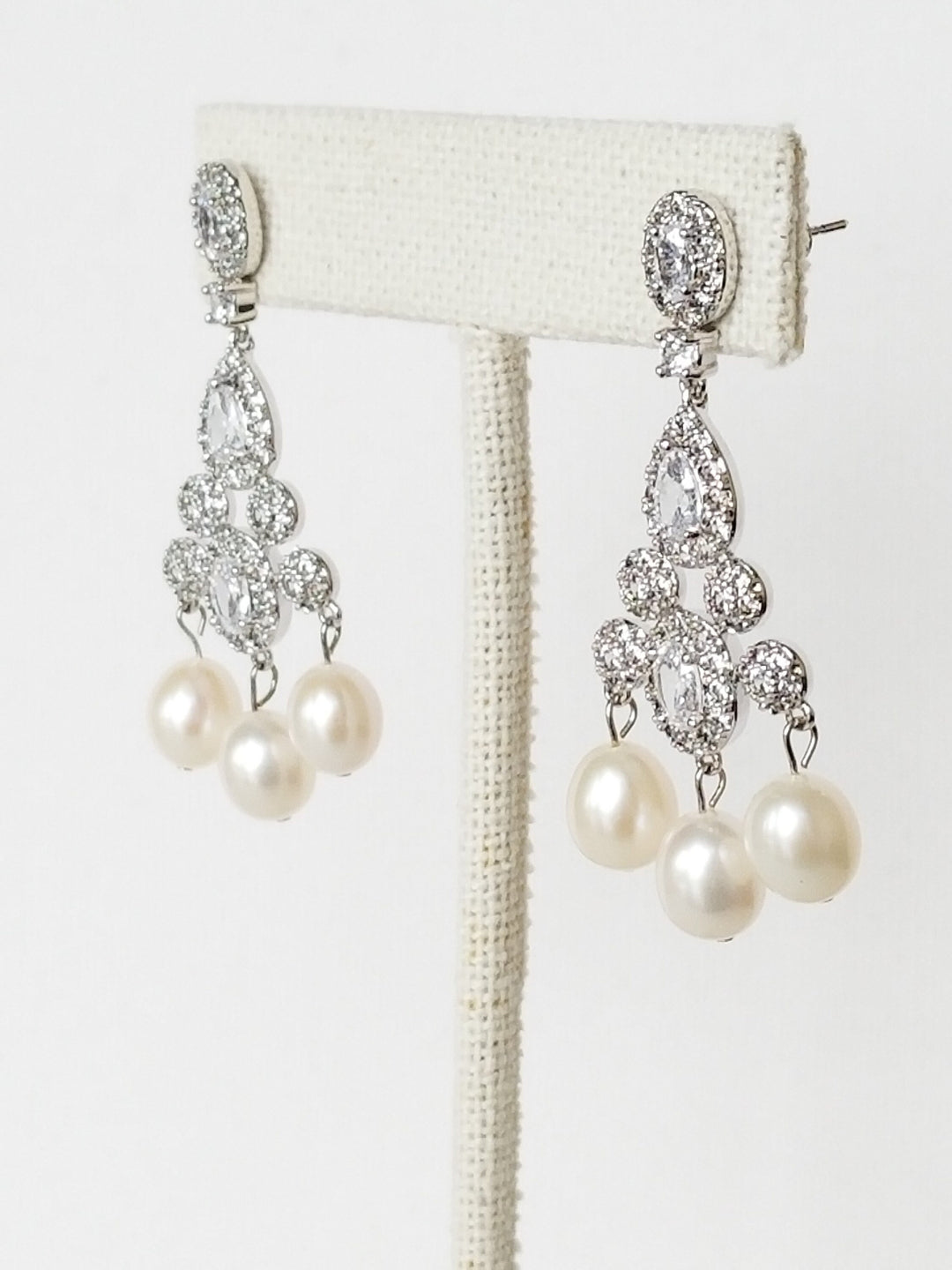 Freshwater Pearl Wedding Earrings, Pearl CZ Chandelier Earrings, Pearl Statement Earrings - Swarovski pearls, Cubic Zirconia