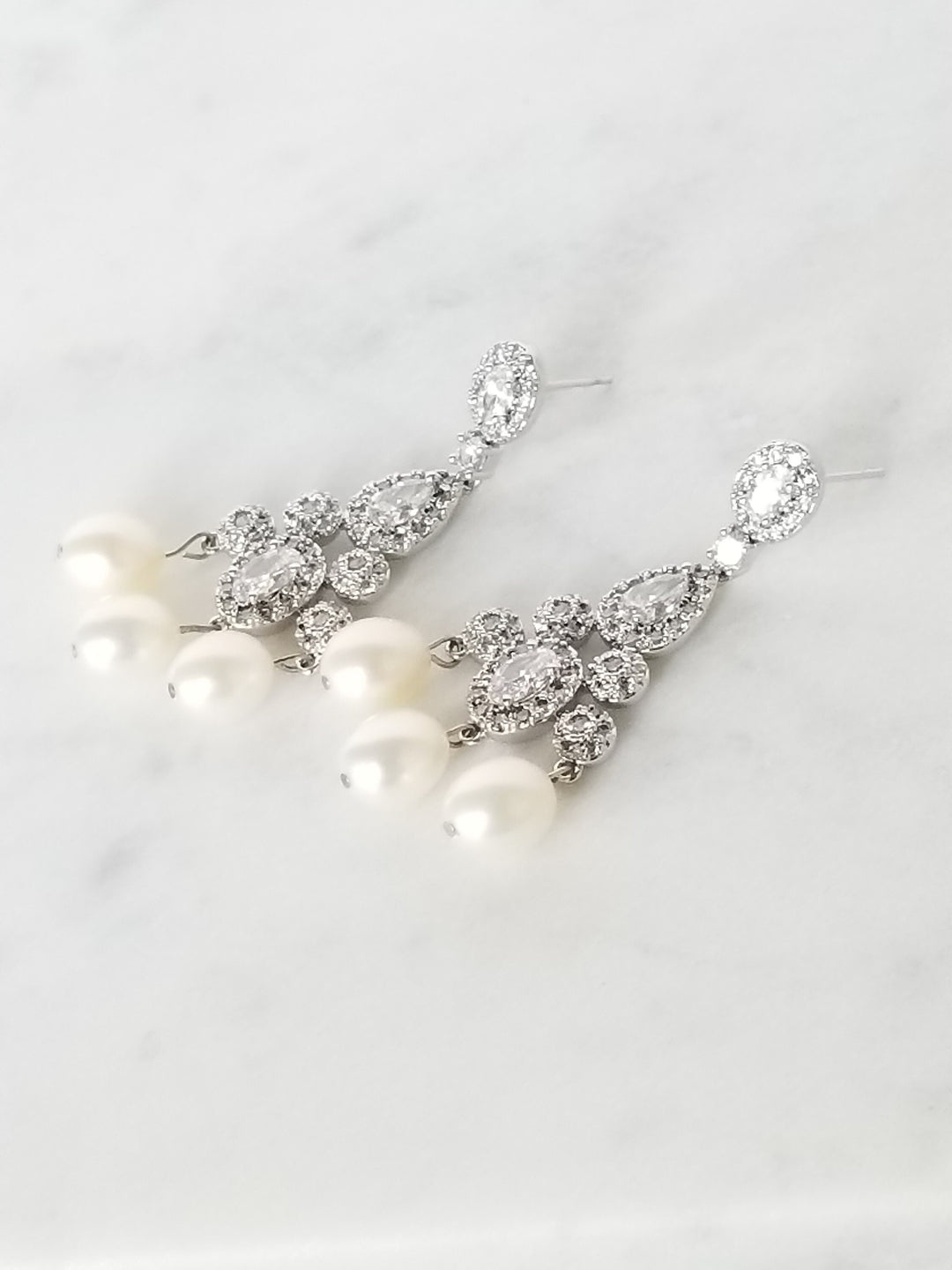 Freshwater Pearl Wedding Earrings, Pearl CZ Chandelier Earrings, Pearl Statement Earrings - Swarovski pearls, Cubic Zirconia