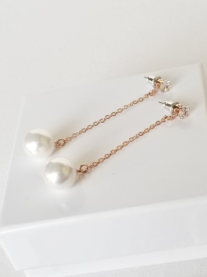 Rose Gold Wedding Earrings, CZ Pearl Drop Bridal Earrings, Rose Gold Pearl Wedding Jewelry, Long Pearl Wedding Earrings - cubic zirconia stones, metal components, faux pearls, chain