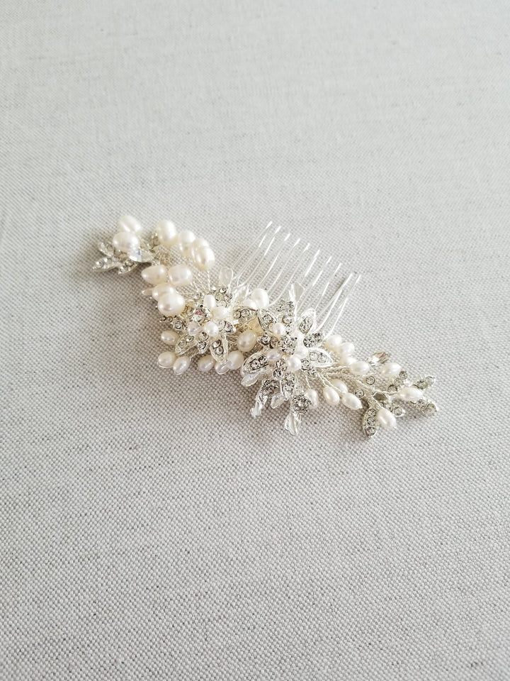 Freshwater Pearl Wedding Hair Comb, Pearl Crystal Bridal Hair Comb, Hair Comb for Bride - freshwater pearls, crystal rhinestones, wire, metal comb, metal leaves, metal flowers