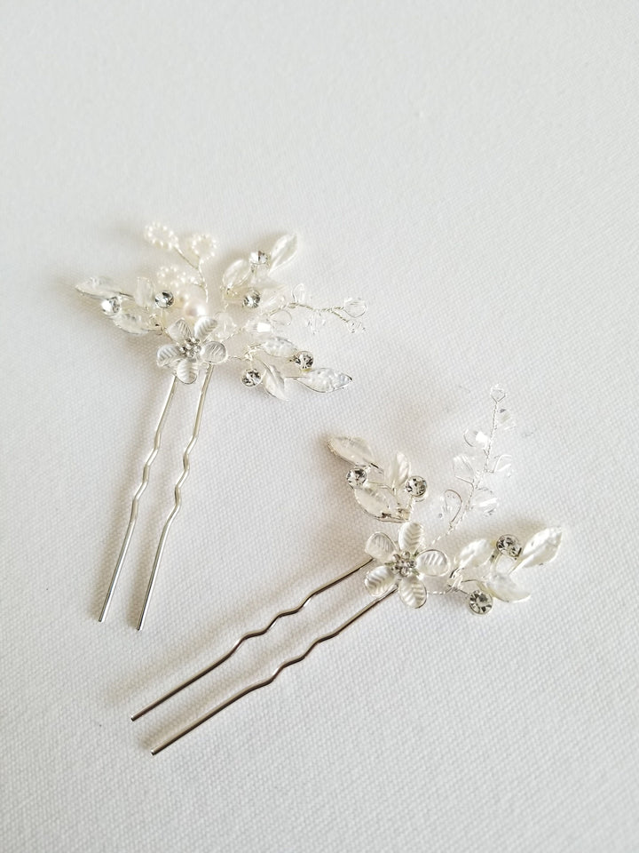 Wedding Hair Pins, Bridal Pearl Hair Pins, Crystal Pearl Hair Pins For Bride, Floral Bridal Hair Pin Set - freshwater pearls, metal hair pins, Swarovski crystals, rhinestones, metal leaves, metal flower, wire