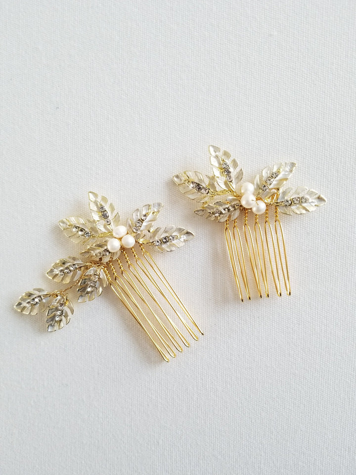 Wedding Hair Comb Set, Gold Leaf Pearl Bridal Combs, Gold Leaf Wedding Headpiece - wire, rhinestones, metal components, metal comb, freshwater pearls