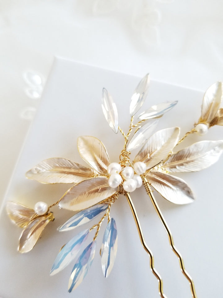 Gold Leaf Wedding Hair Pin, Silver Pearl Bridal Hair Pin, Wedding Hair Accessory - wire, rhinestones, metal leaves, metal hair pin