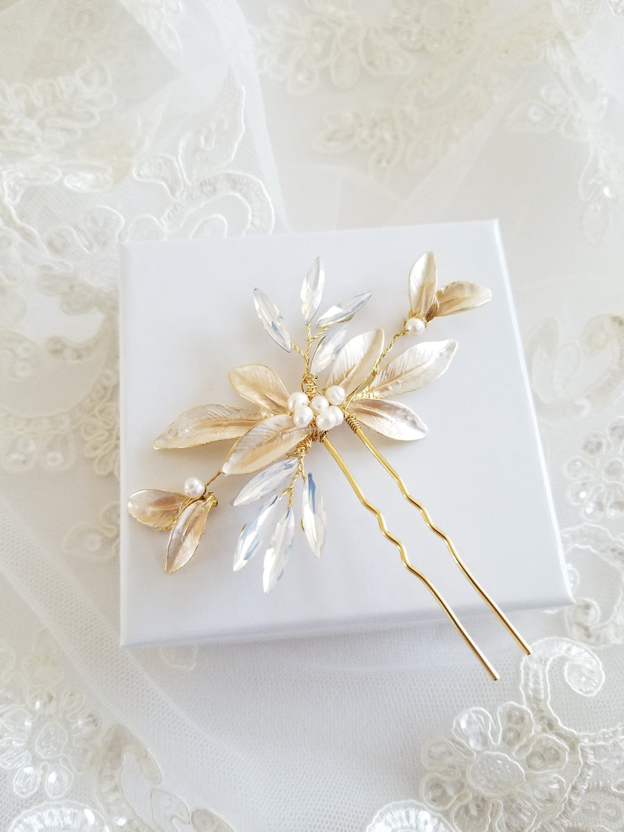 Gold Leaf Wedding Hair Pin, Silver Pearl Bridal Hair Pin, Wedding Hair Accessory - wire, rhinestones, metal leaves, metal hair pin