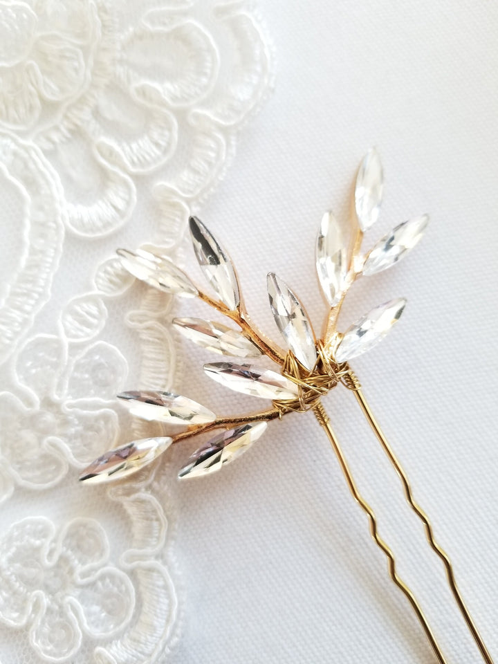 Crystal Gold Bridal Hair Pins, Wedding Crystal Gold Hair Pins, Bridal Hair Pins with Crystal Twigs, Hair Pins For Bride - wire, metal hair pins, crystals