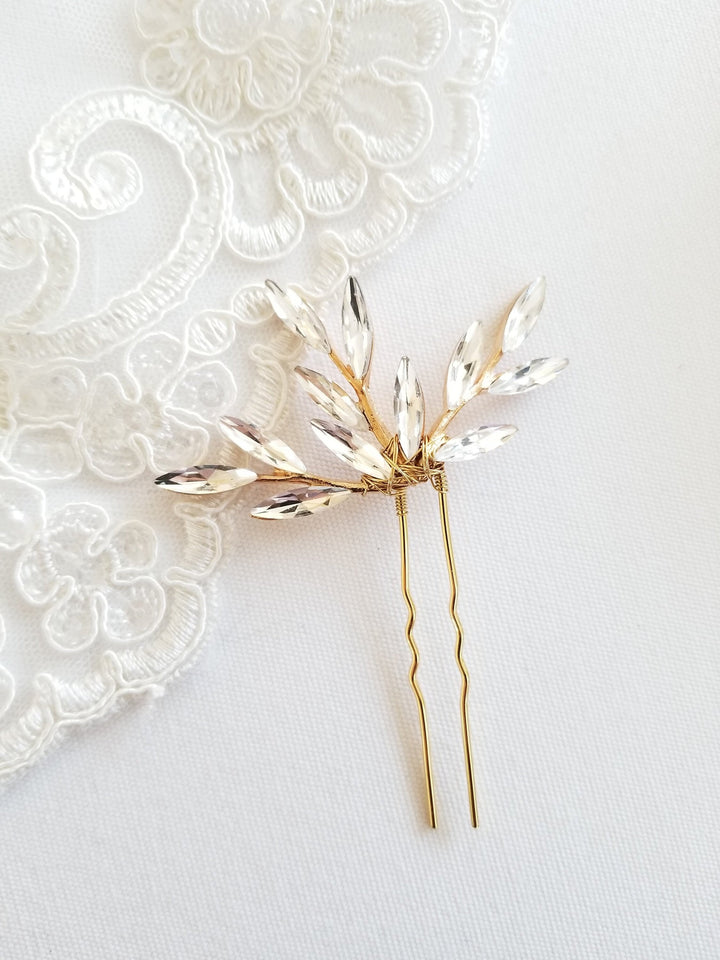 Crystal Gold Bridal Hair Pins, Wedding Crystal Gold Hair Pins, Bridal Hair Pins with Crystal Twigs, Hair Pins For Bride - wire, metal hair pins, crystals