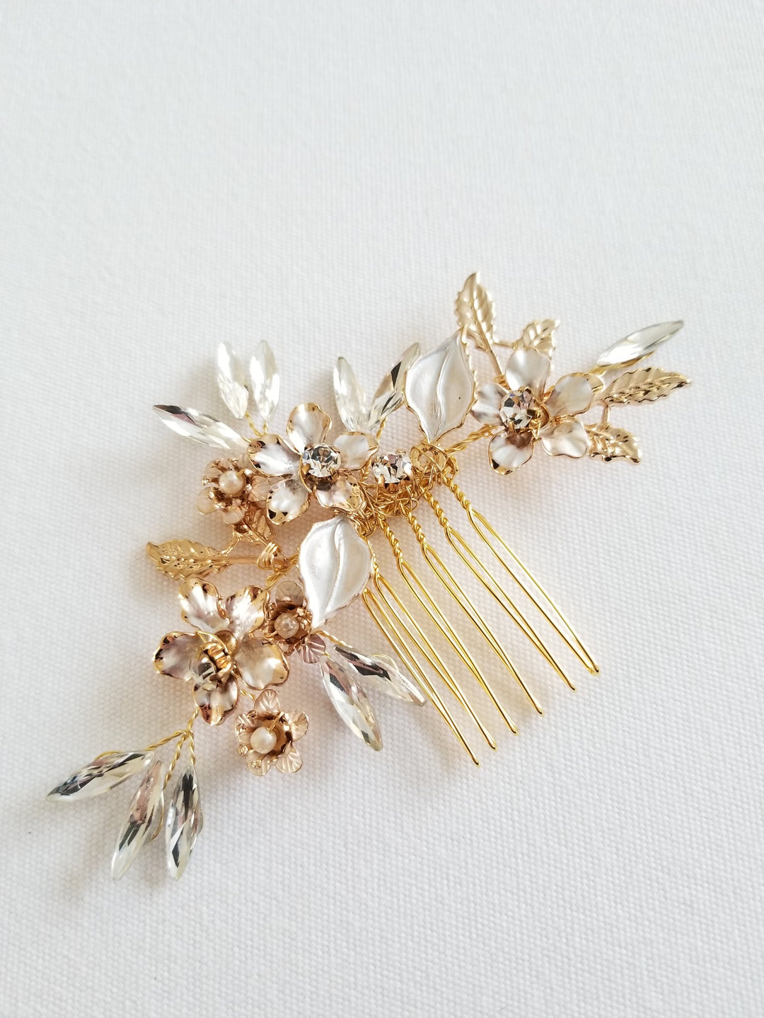 Silver Leaf & Twig Wedding Hair Comb, Crystal Gold Wedding Hairpiece, Gold Leaf Bridal Comb, Gold Bridal Headpiece - crystal rhinestones, metal comb, silver metal base, wire, metal leaves, metal flowers