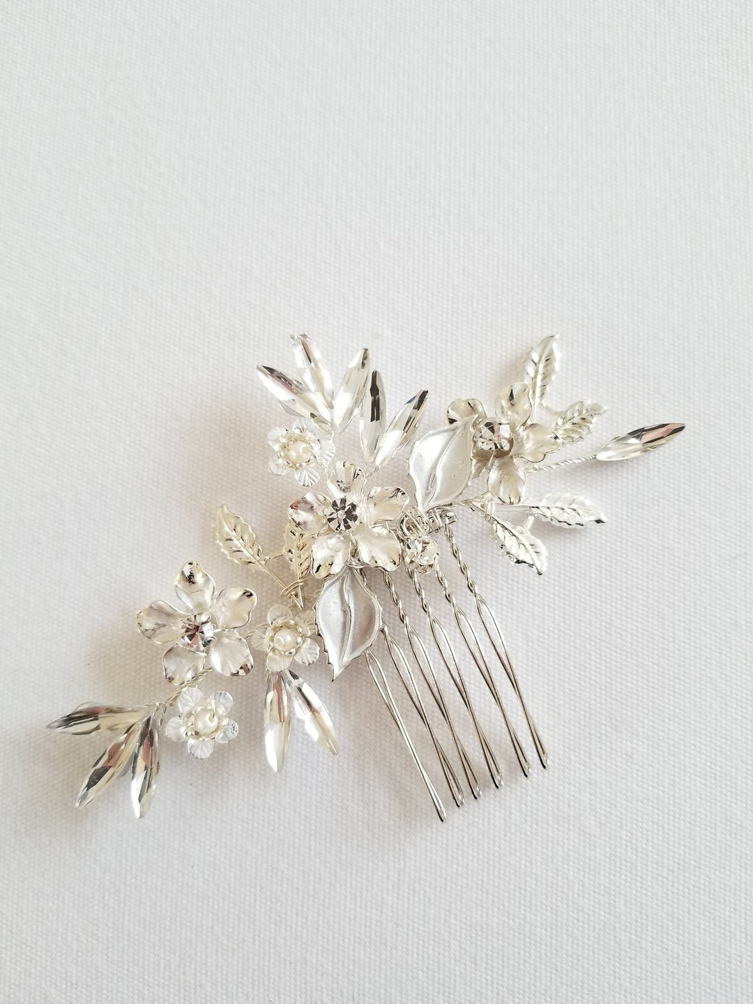 Silver Leaf & Twig Wedding Hair Comb, Crystal Gold Wedding Hairpiece, Gold Leaf Bridal Comb, Gold Bridal Headpiece - crystal rhinestones, metal comb, silver metal base, wire, metal leaves, metal flowers