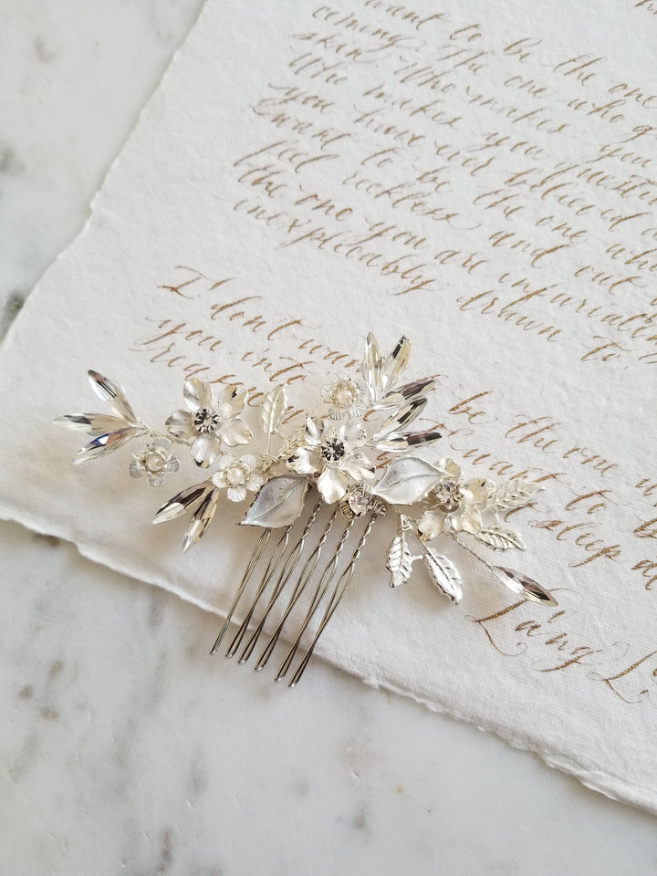 Silver Leaf & Twig Wedding Hair Comb, Crystal Gold Wedding Hairpiece, Gold Leaf Bridal Comb, Gold Bridal Headpiece - crystal rhinestones, metal comb, silver metal base, wire, metal leaves, metal flowers