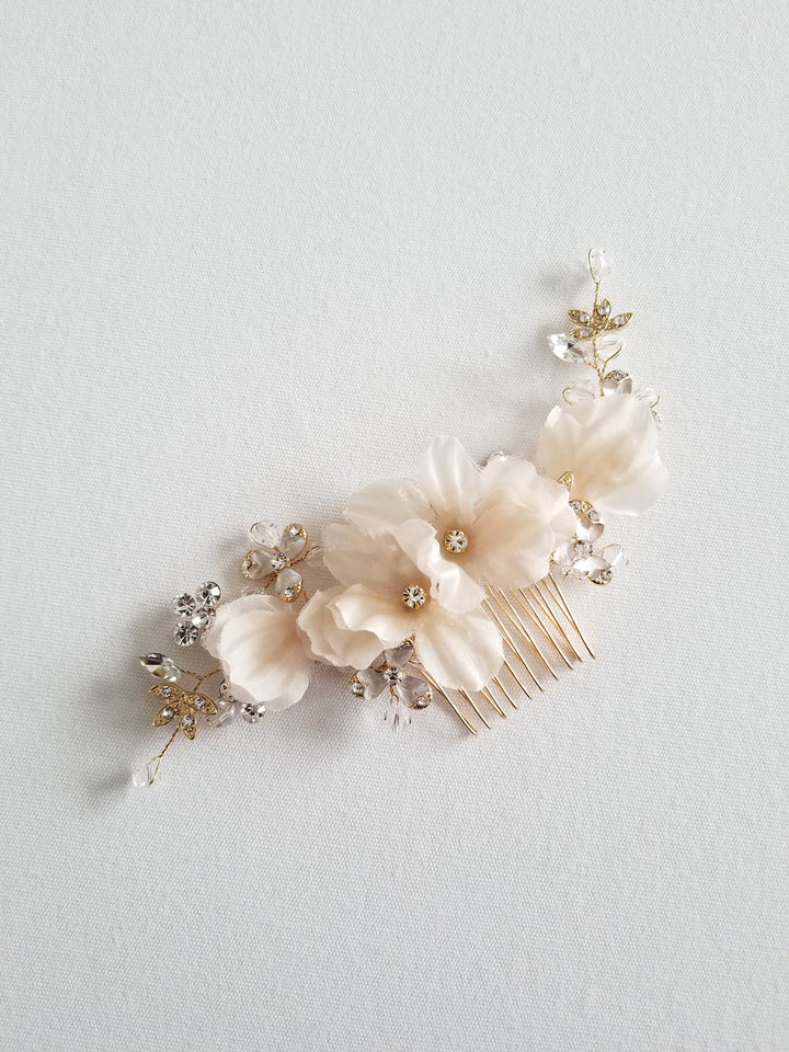 Bridal Hair Comb, Wedding Headpiece, Floral Crystal Hair Comb, Gold Blush Pink Wedding Comb, Bridal Floral Hairpiece - crystals, rhinestones, wire, metal comb, enameled flowers, silk flowers