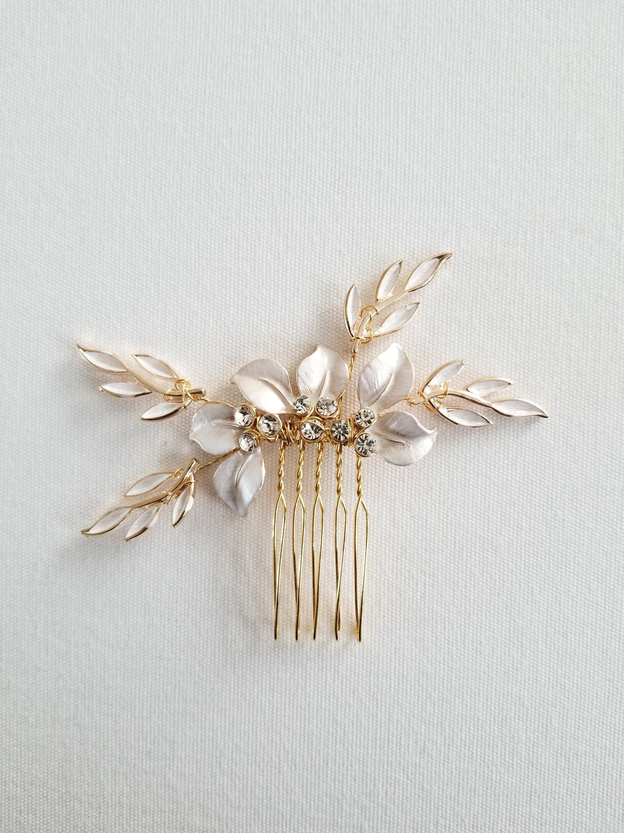 Gold Leaf & Twig Wedding Hair Comb, Crystal Gold Wedding Hairpiece, Gold Leaf Bridal Comb, Gold Bridal Headpiece - crystal rhinestones, metal comb, wire, metal leaves