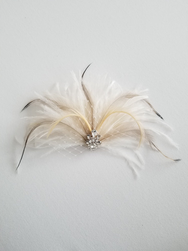 Bridal Feather Hairpiece, Wedding Feather Headpiece, Bridal Feather Fascinator, Feather Bridal Hairpiece - OLIVIA - emu feather, goose feather, peacock feather, alligator clip, felt, earring