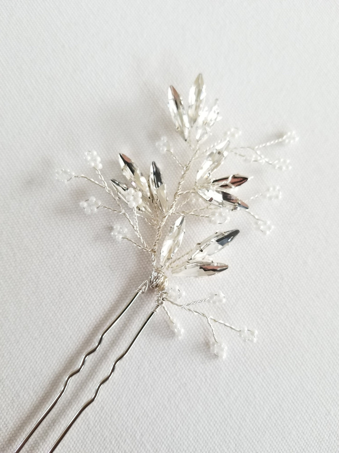 Crystal Bridal Hair Pins, Floral Hair Pins for Bride, Silver Wedding Hair Pins, Crystal Beaded Bridal Hair Pins - wire, silver hair pins, seed beads, Crystal Rhinestones