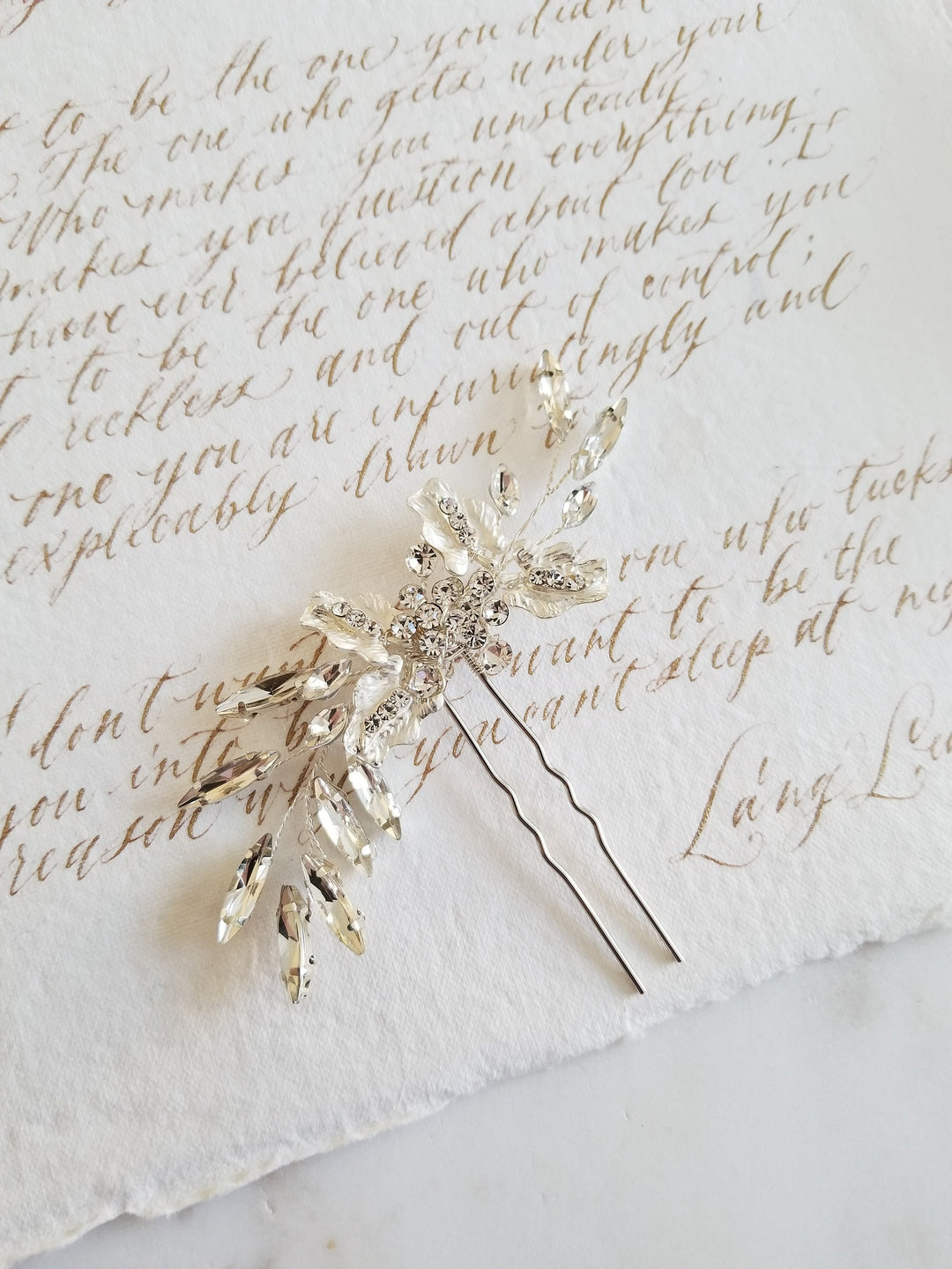 Silver Wedding Hair Pin, Floral Gold Bridal Hair Pin, Crystal Leaf Wedding Hair Pin - metal hairpin, wire, crystal rhinestones, metal leaves