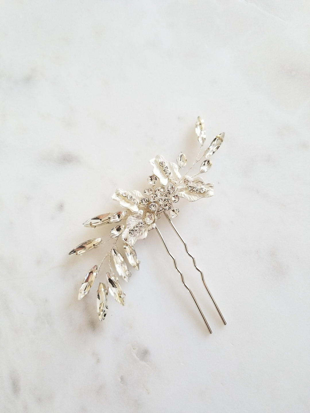 Silver Wedding Hair Pin, Floral Gold Bridal Hair Pin, Crystal Leaf Wedding Hair Pin - metal hairpin, wire, crystal rhinestones, metal leaves