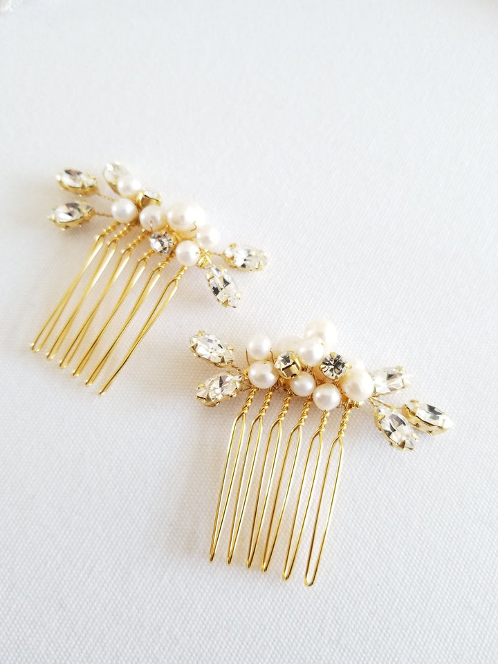 Wedding Hair Comb, Gold Freshwater Pearl Bridal Hair Comb, Silver Small Pearl Hair Comb - freshwater pearls, wire, metal comb, crystal rhinestones