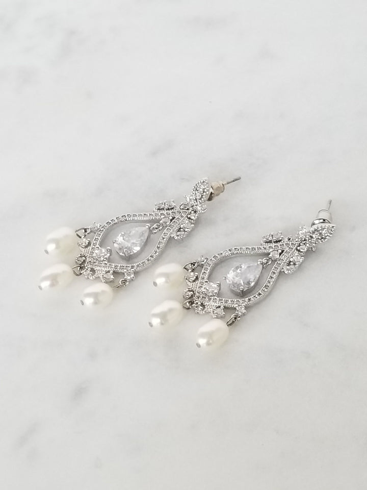 Cubic Zirconia Wedding Earrings, Pearl Drop Bridal Earrings, Chandelier Bridal Earrings, Brides Pearl Earrings, Wedding Jewelry - metal findings, cubic zirconia, freshwater pearls