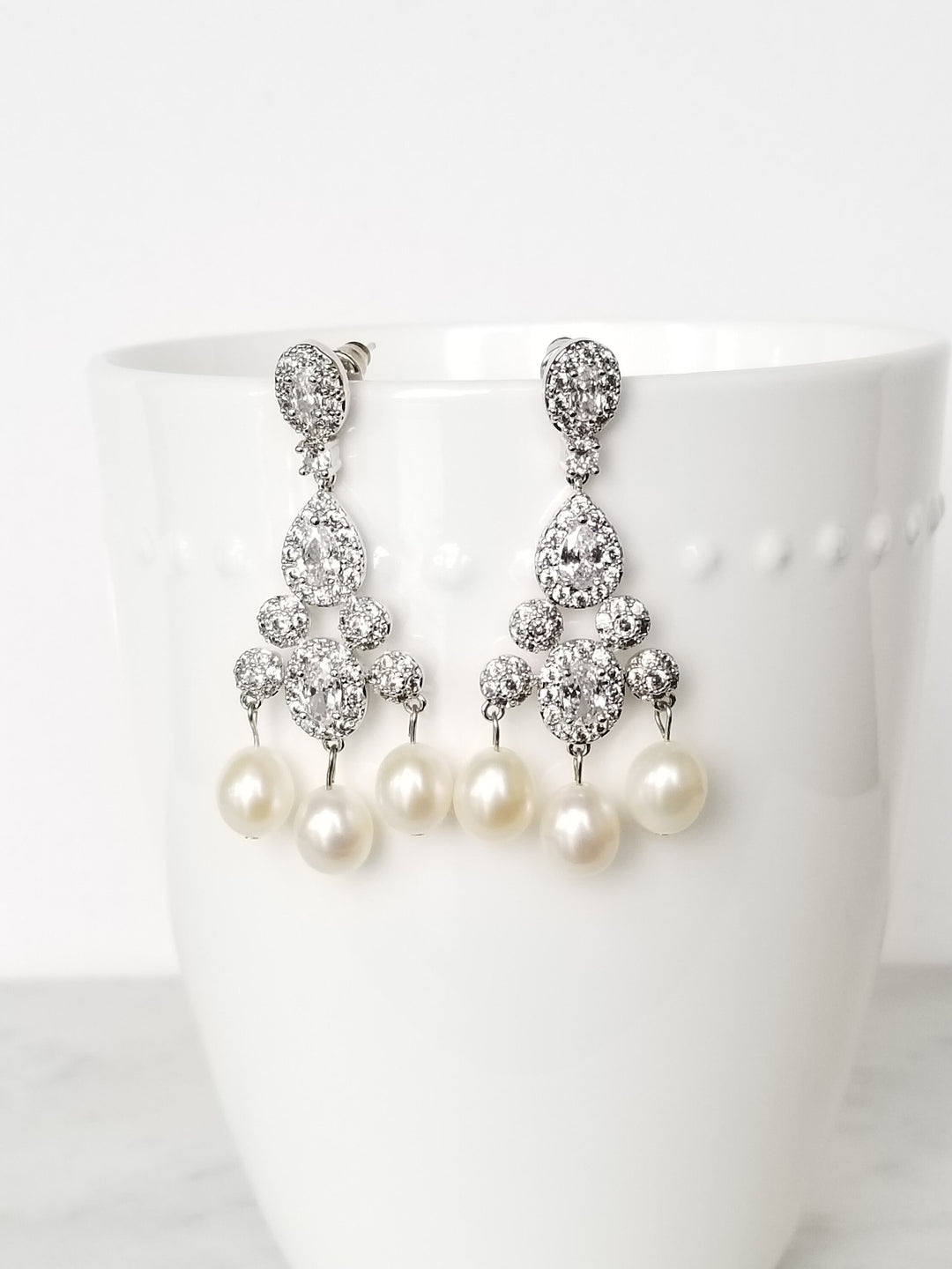 Freshwater Pearl Wedding Earrings, Pearl CZ Chandelier Earrings, Pearl Statement Earrings - Swarovski pearls, Cubic Zirconia