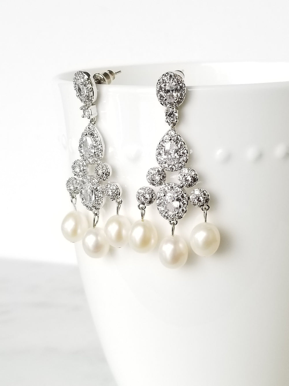 Freshwater Pearl Wedding Earrings, Pearl CZ Chandelier Earrings, Pearl Statement Earrings - Swarovski pearls, Cubic Zirconia