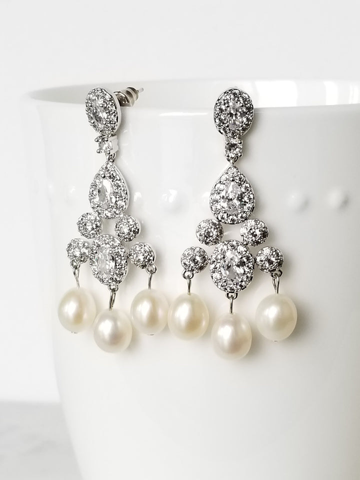 Freshwater Pearl Wedding Earrings, Pearl CZ Chandelier Earrings, Pearl Statement Earrings - Swarovski pearls, Cubic Zirconia