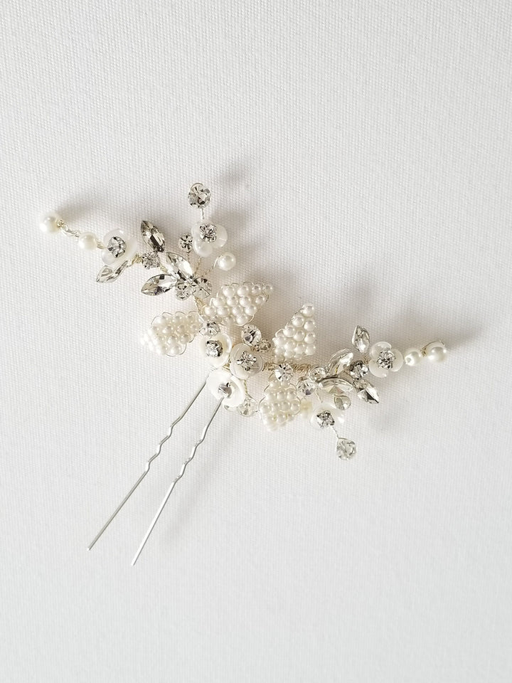 Crystal Pearl Bridal Hair Pin, Silver Pearl Hair Pin for Bride, Floral Pearl Bridal Hair Pin, Pearl Wedding Hair Pin - metal hairpin, wire, crystal rhinestones, faux pearls, shell flowers