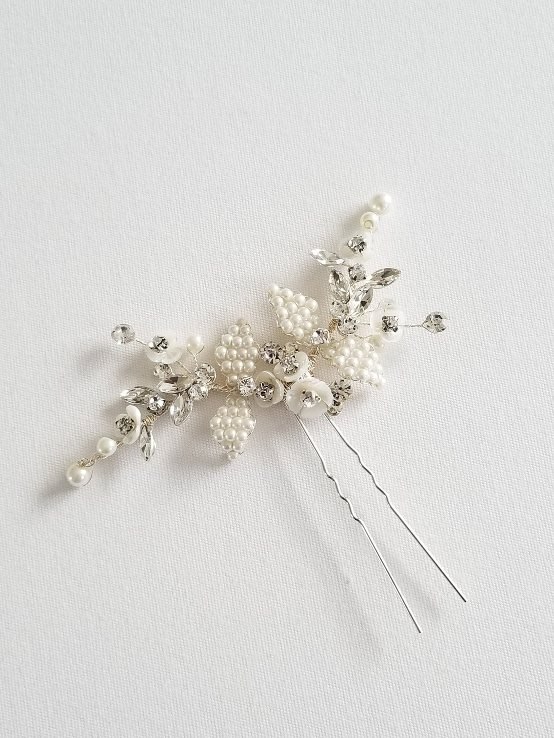 Crystal Pearl Bridal Hair Pin, Silver Pearl Hair Pin for Bride, Floral Pearl Bridal Hair Pin, Pearl Wedding Hair Pin - metal hairpin, wire, crystal rhinestones, faux pearls, shell flowers