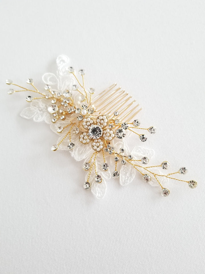 Gold Wedding Hair Comb with Lace, Silver Crystal Bridal Hair Comb, Lace Wedding Hair Comb, Pearl Crystal Hair Comb - wire, rhinestones, lace, crystals, metal comb, faux pearls