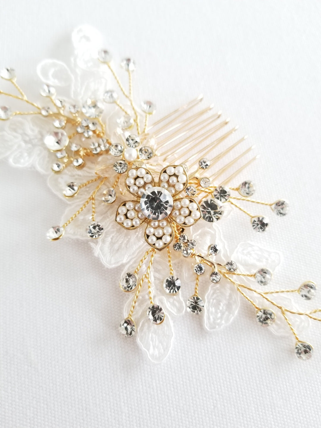 Gold Wedding Hair Comb with Lace, Silver Crystal Bridal Hair Comb, Lace Wedding Hair Comb, Pearl Crystal Hair Comb - wire, rhinestones, lace, crystals, metal comb, faux pearls