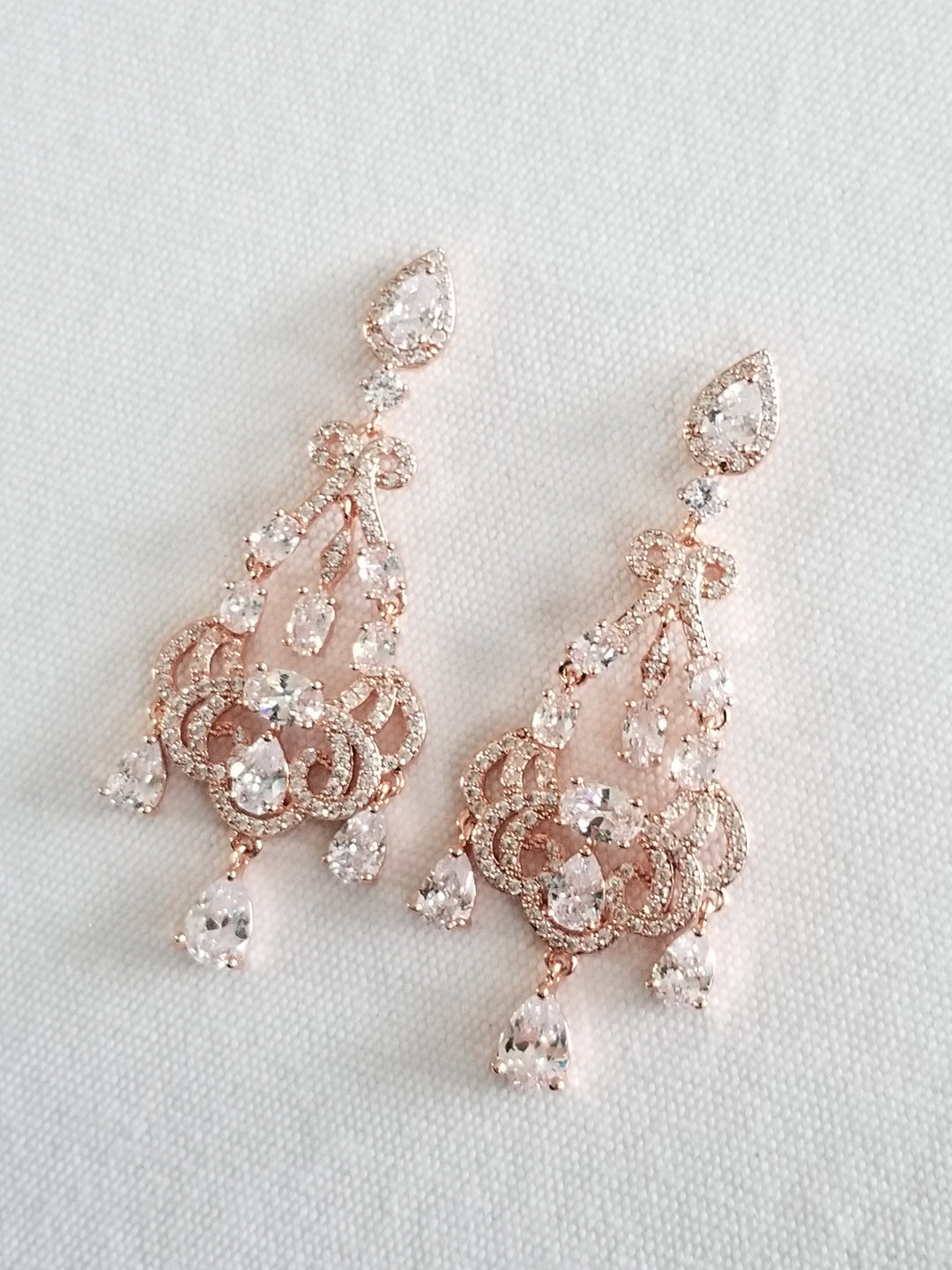 Rose Gold Long Wedding Earrings, Cubic Zirconia Rose Gold Bridal Earrings, Chandelier Bridal Earrings, Earrings for Bride - metal findings, cubic zirconia