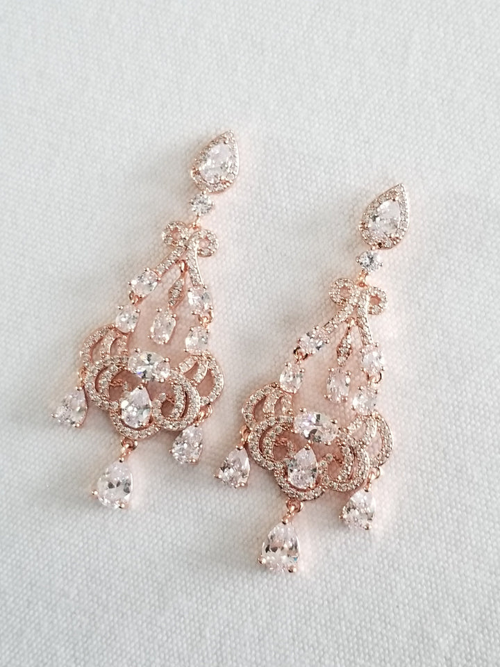 Rose Gold Long Wedding Earrings, Cubic Zirconia Rose Gold Bridal Earrings, Chandelier Bridal Earrings, Earrings for Bride - metal findings, cubic zirconia