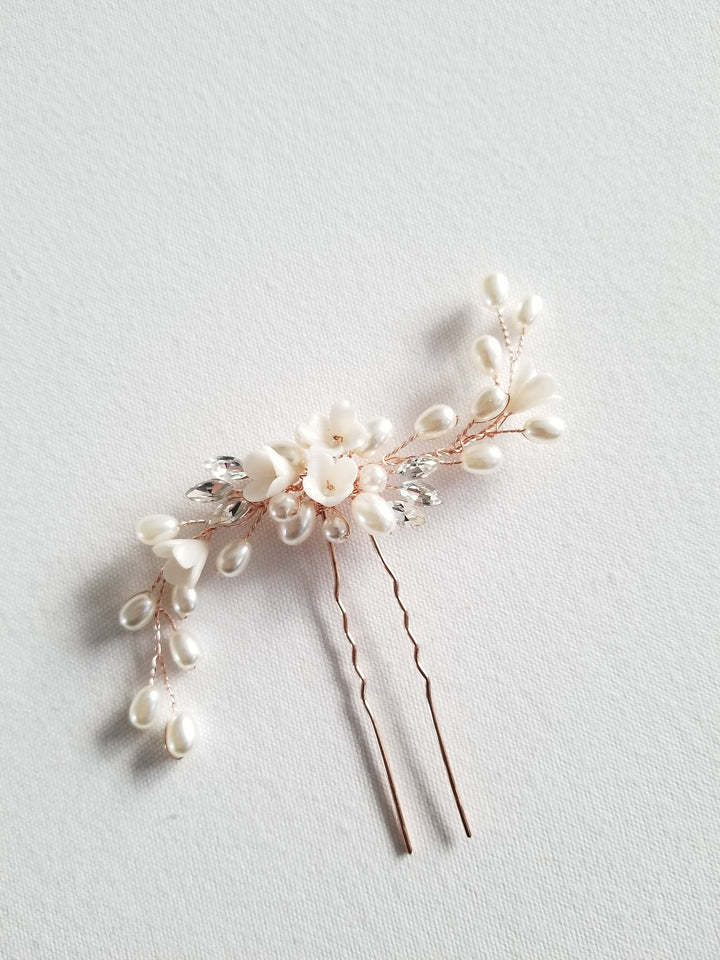 Rose Gold Bridal Hair Pin, Gold Freshwater Pearl Floral Wedding Hair Pin, Silver Clay Flower Wedding Hair Accessory - wire, metal hair pin, rhinestones, clay flowers, sead beads, freshwater pearls