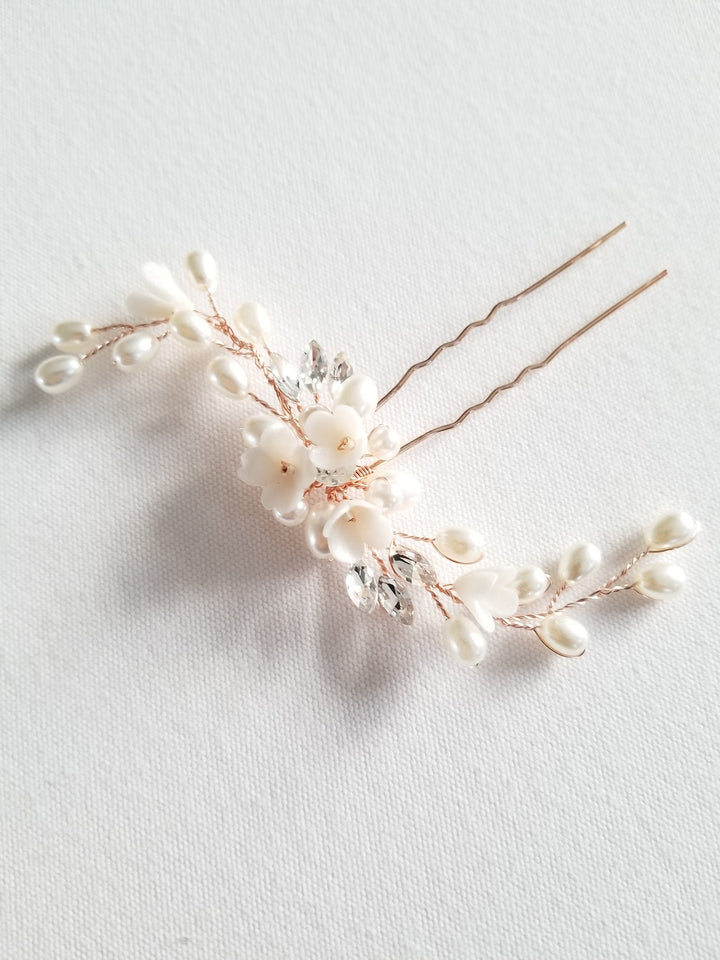 Rose Gold Bridal Hair Pin, Gold Freshwater Pearl Floral Wedding Hair Pin, Silver Clay Flower Wedding Hair Accessory - wire, metal hair pin, rhinestones, clay flowers, sead beads, freshwater pearls