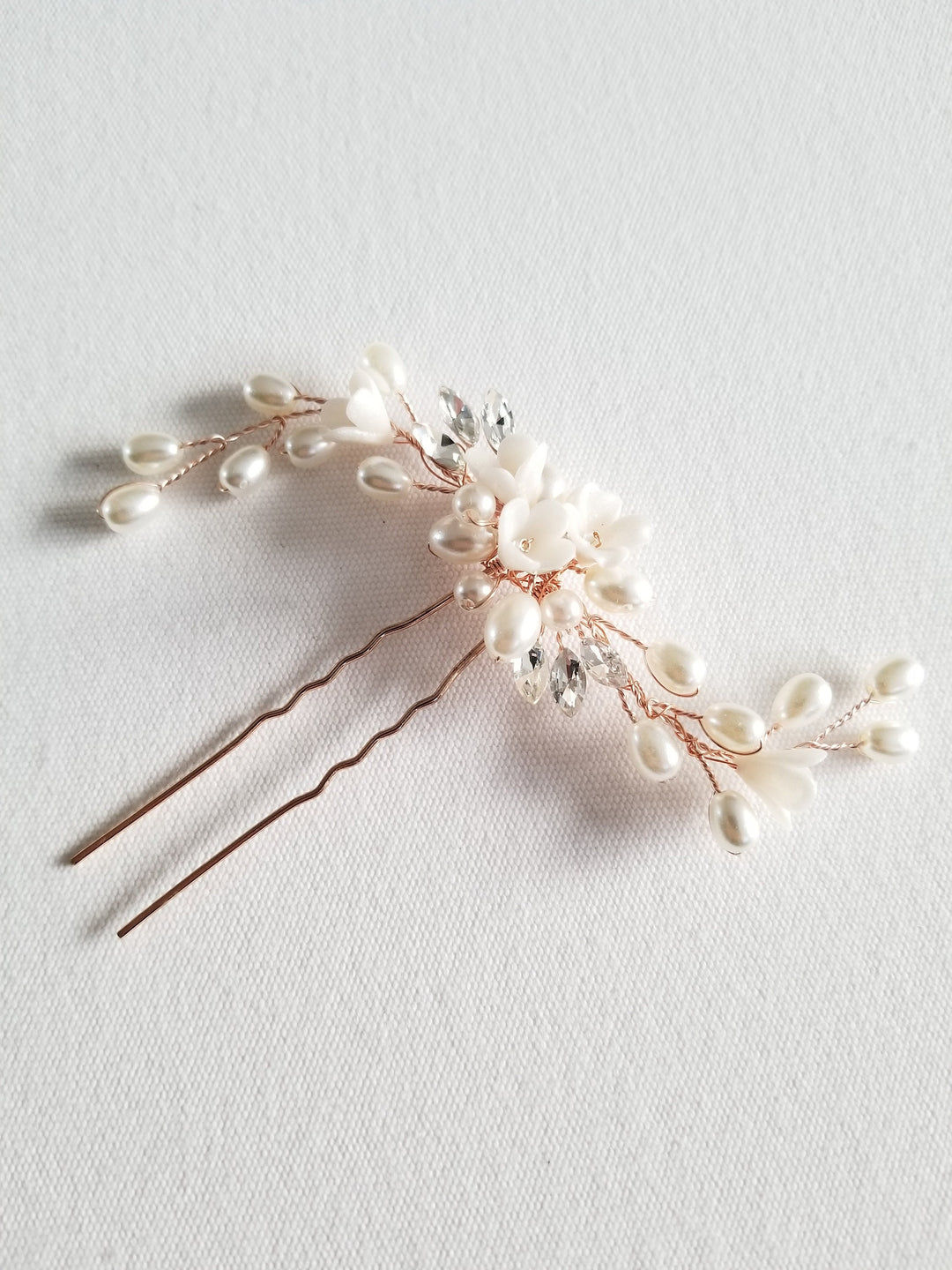 Rose Gold Bridal Hair Pin, Gold Freshwater Pearl Floral Wedding Hair Pin, Silver Clay Flower Wedding Hair Accessory - wire, metal hair pin, rhinestones, clay flowers, sead beads, freshwater pearls