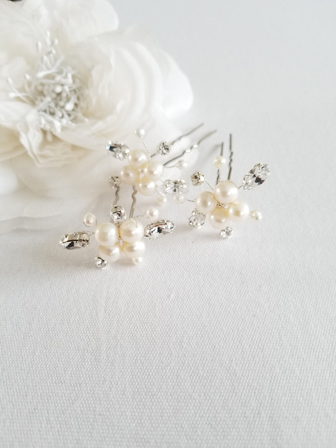 Pearl Bridal Hair Pins, Wedding Hair Pins, Real Freshwater Pearl Hair Pin Set, Crystal Pearl Hair Pin Set For The Bride - wire, 18kt plated hairpins, imitation rhodium plated hair pins, freshwater pearls, imitation pearls, crystal rhinestones