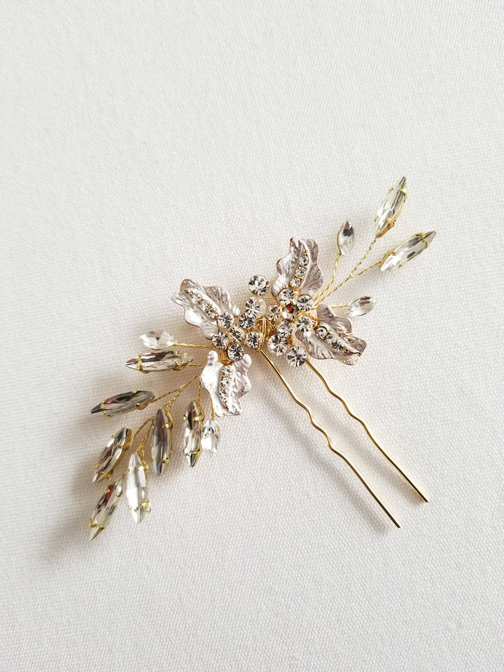 Silver Wedding Hair Pin, Floral Gold Bridal Hair Pin, Crystal Leaf Wedding Hair Pin - metal hairpin, wire, crystal rhinestones, metal leaves