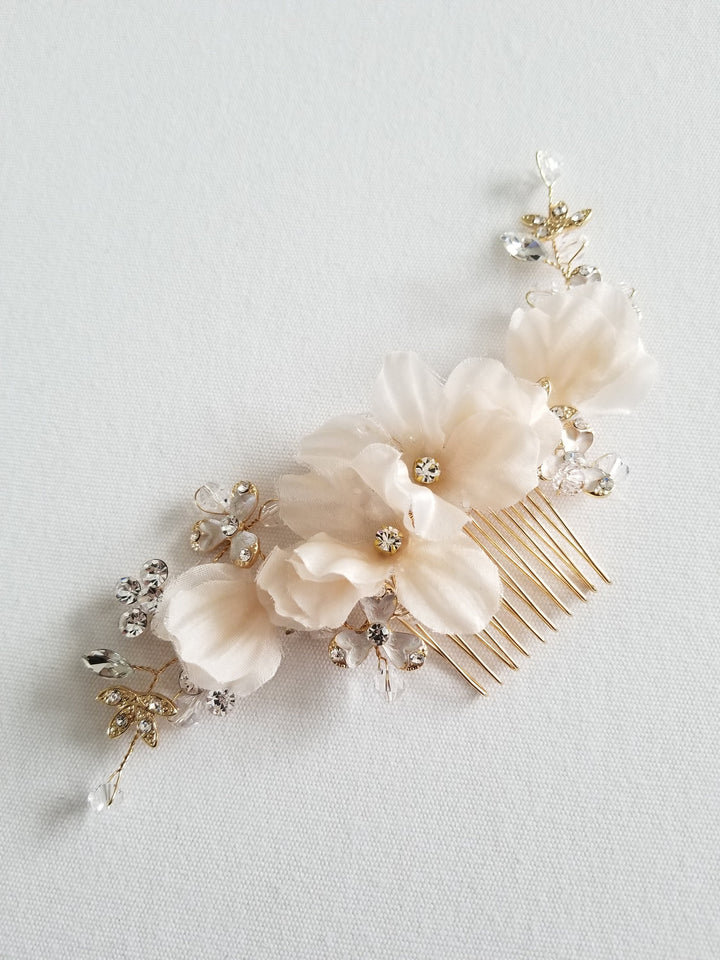 Bridal Hair Comb, Wedding Headpiece, Floral Crystal Hair Comb, Gold Blush Pink Wedding Comb, Bridal Floral Hairpiece - crystals, rhinestones, wire, metal comb, enameled flowers, silk flowers