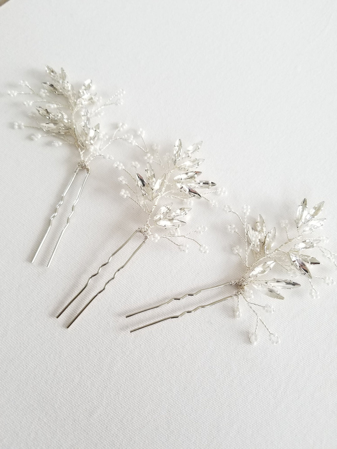 Crystal Bridal Hair Pins, Floral Hair Pins for Bride, Silver Wedding Hair Pins, Crystal Beaded Bridal Hair Pins - wire, silver hair pins, seed beads, Crystal Rhinestones