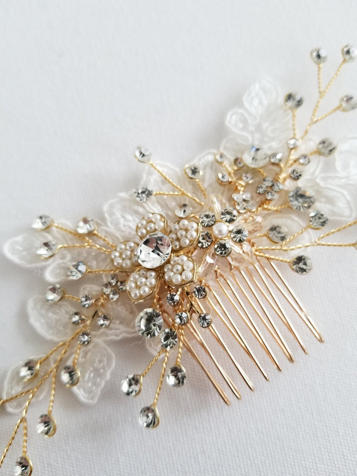 Gold Wedding Hair Comb with Lace, Silver Crystal Bridal Hair Comb, Lace Wedding Hair Comb, Pearl Crystal Hair Comb - wire, rhinestones, lace, crystals, metal comb, faux pearls