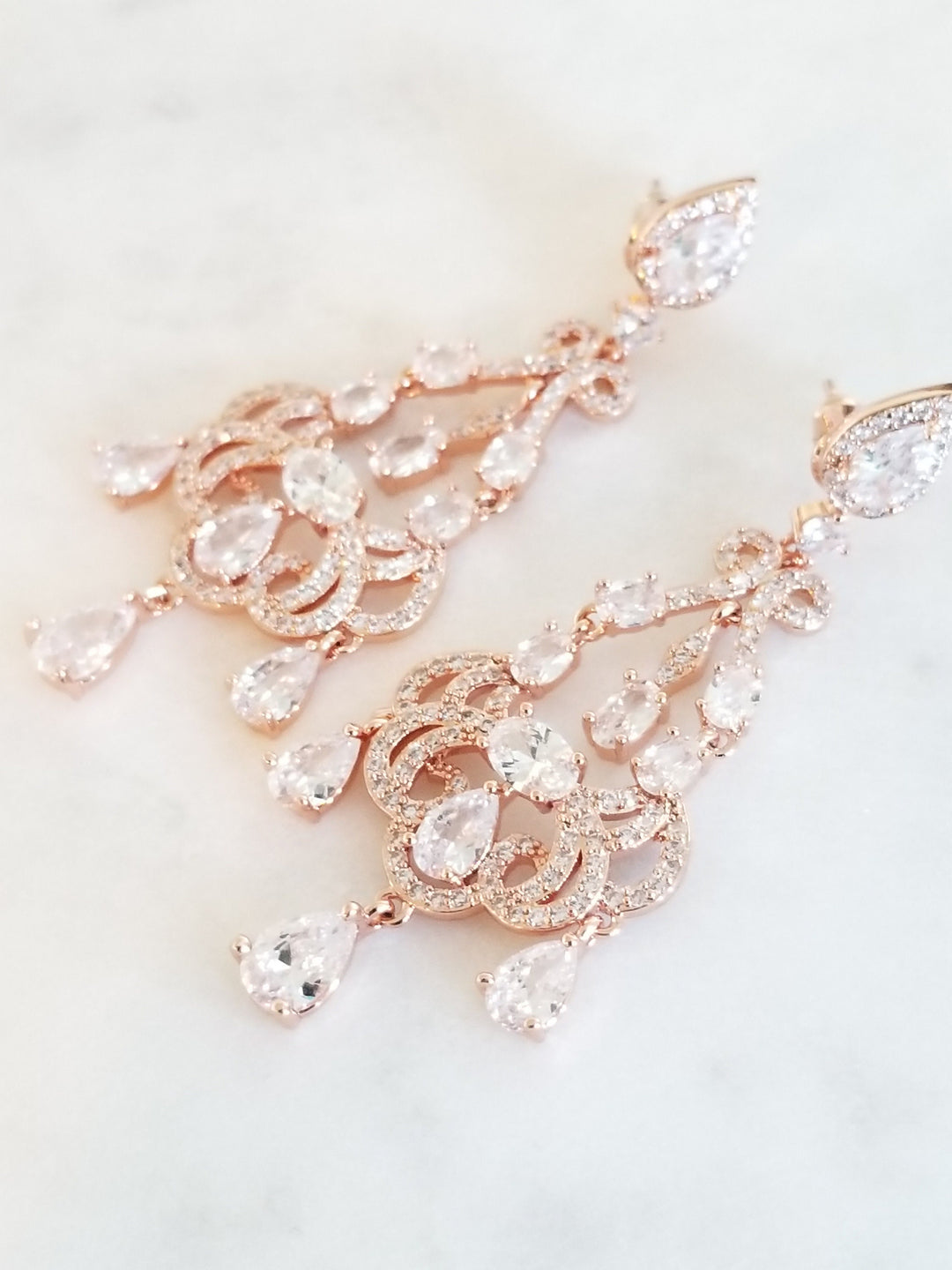 Rose Gold Long Wedding Earrings, Cubic Zirconia Rose Gold Bridal Earrings, Chandelier Bridal Earrings, Earrings for Bride - metal findings, cubic zirconia